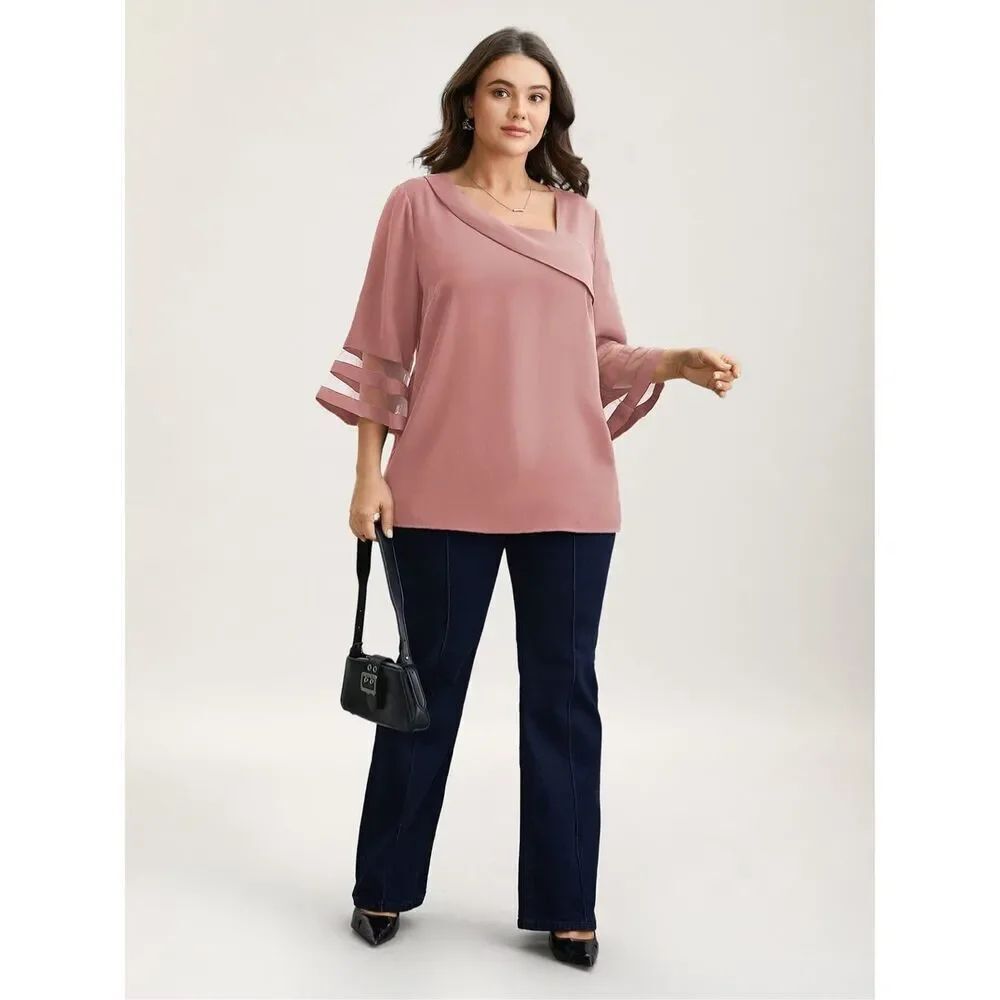 NWT Bloomchick size 28 Sheer Sleeve Patchwork Asymmetrical neckline top.